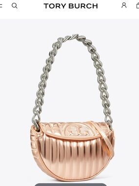 Tory Burch Rose Gold Quilted Half-Moon Shoulder Bag with Silver Chain